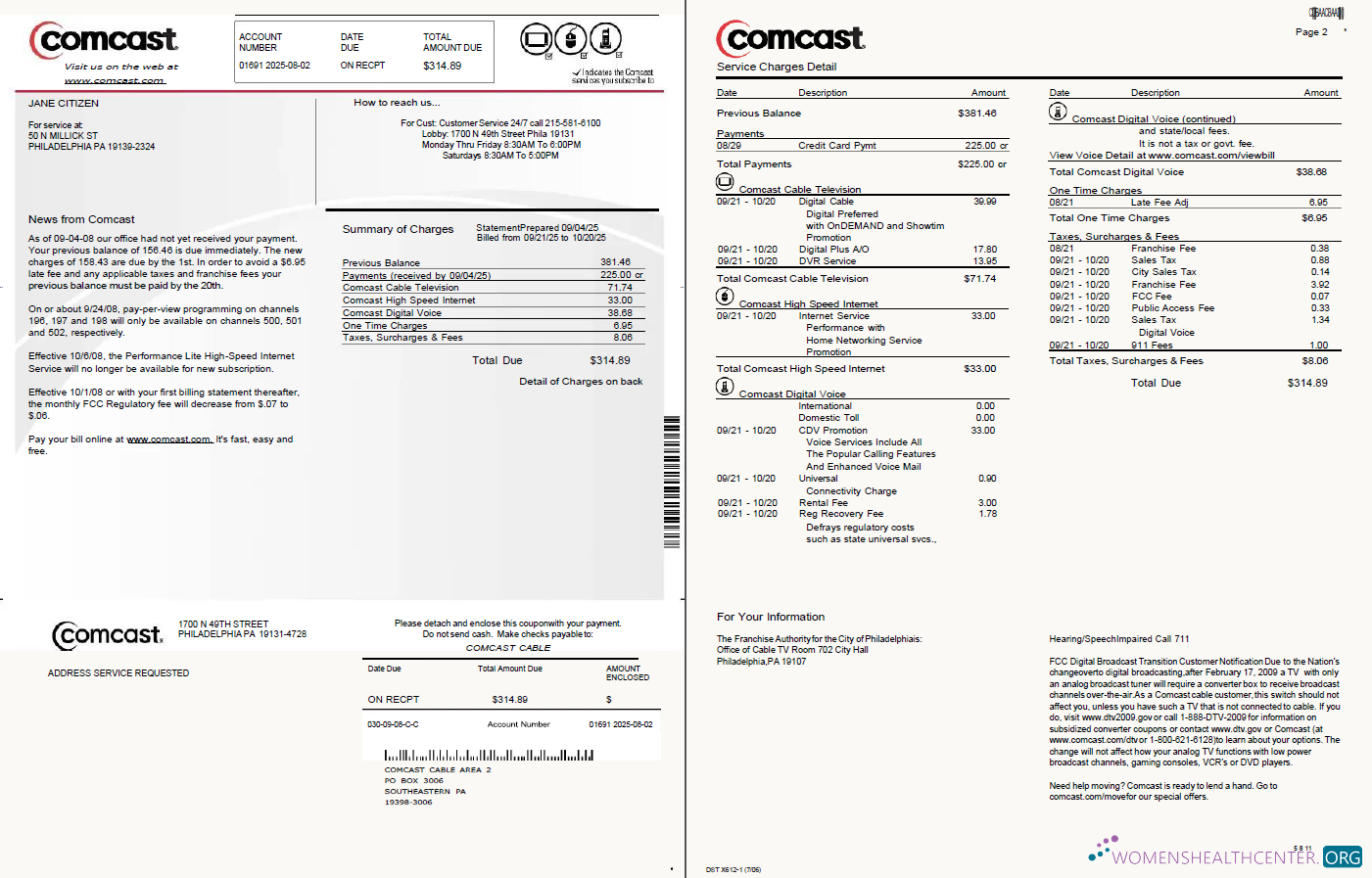 download USA Comcast utility bill template in Word and PDF formats, 2 pages, version 2 PDF template